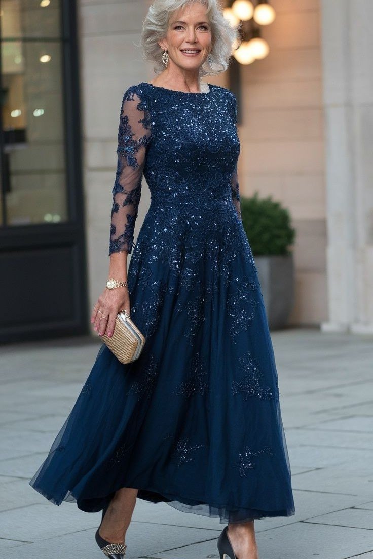 Navy lace evening dress