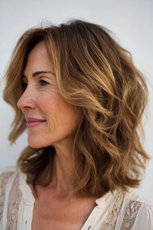 Brown shaggy lob haircut for women over 40, side view