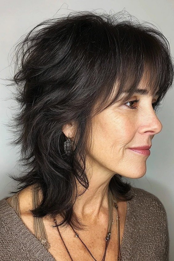 Dark textured short shaggy bob haircut for women over 60