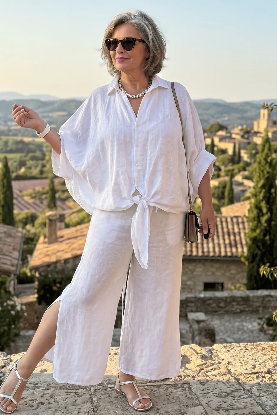 Woman over 50 wearing a white tie-front blouse with white wide-leg trousers