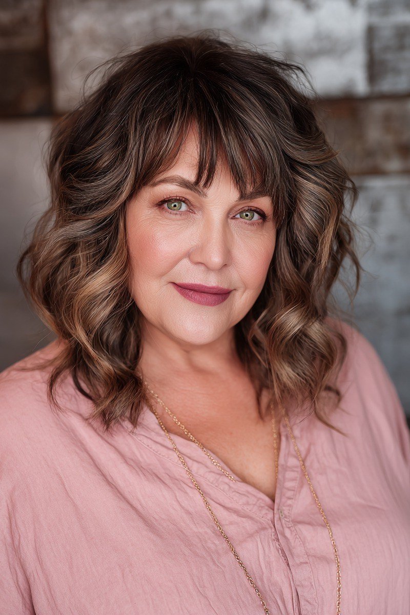 Dark Curly Bob With Bangs for women over 50