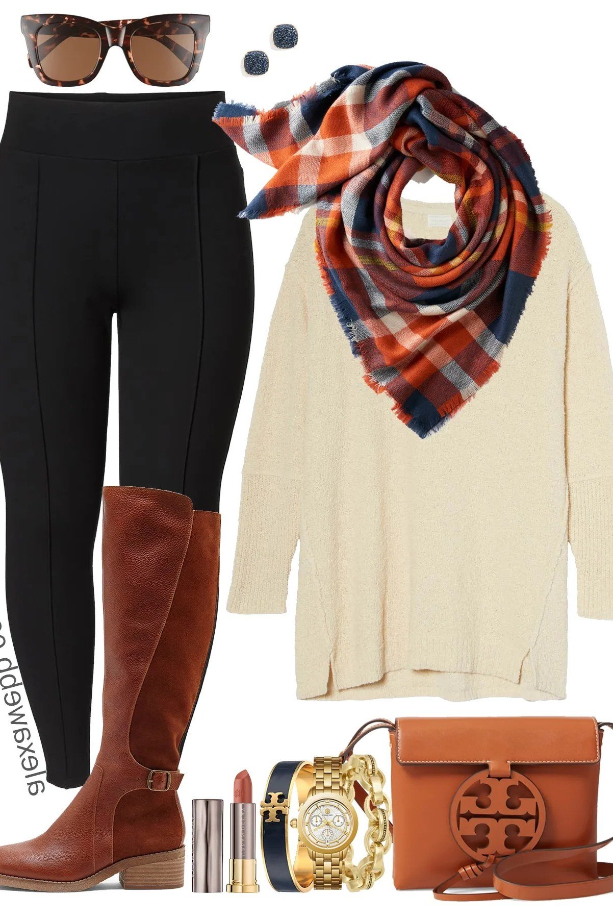 Thanksgiving outfit for women over 50: cream tunic with leggings and boots