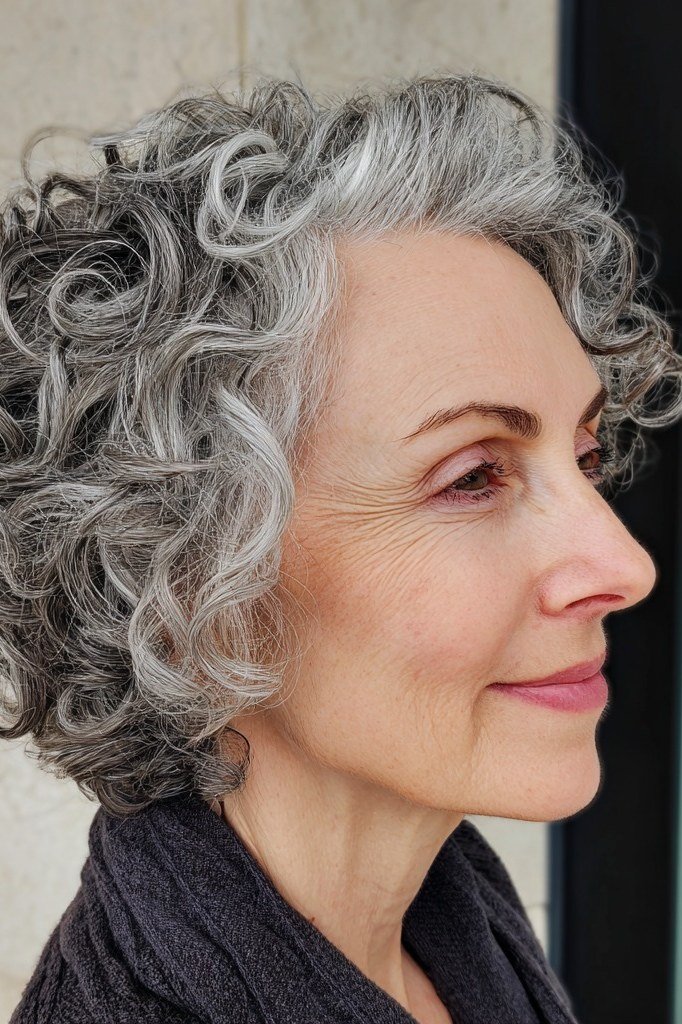 tight spiral curly grey bob for women over 60