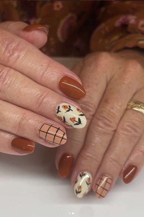 Terracotta Nails with Plaid and Leaves for women over 50