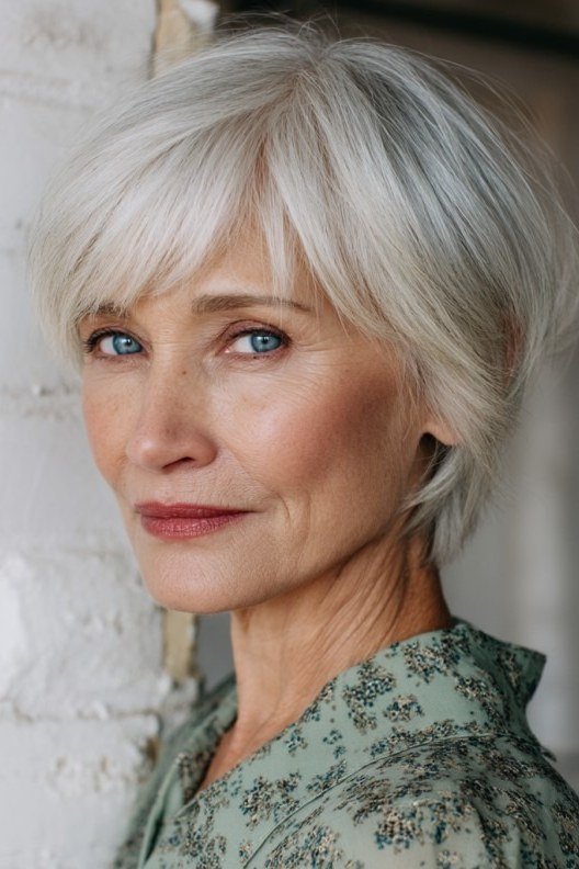Side view of an older woman with a white bixie haircut against a brick wall.