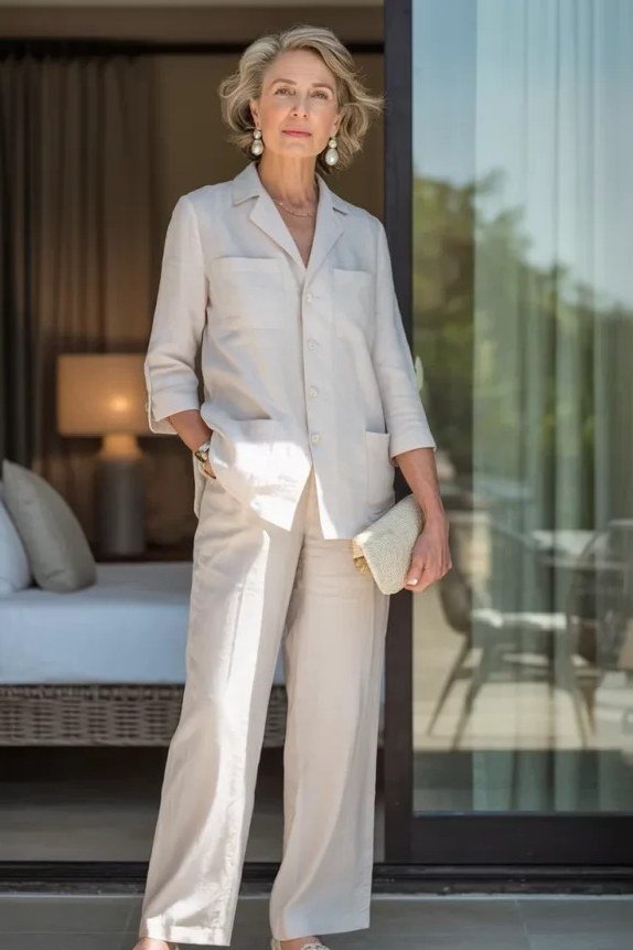 Woman over 50 in a beige silk shirt with wide-leg trousers and white clutch