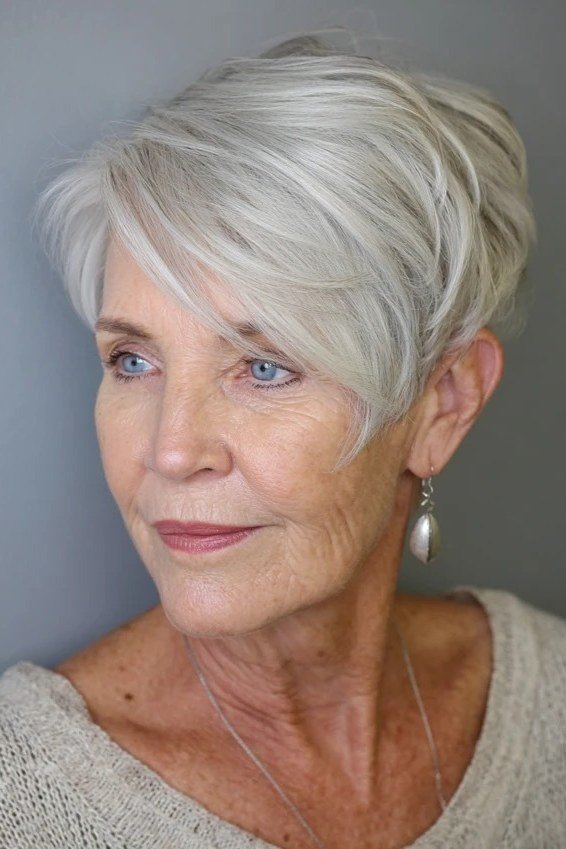 Senior woman with a natural silver bixie haircut and airy soft layers.