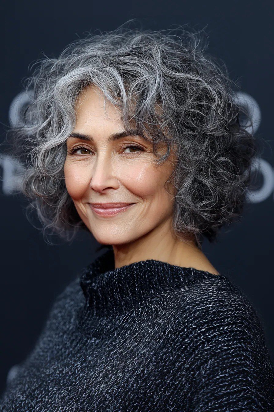 tousled grey curly bob with fringe for women over 60