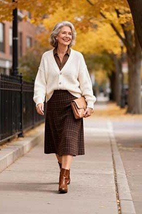 Thanksgiving outfit for women over 50: white cardigan with brown plaid skirt