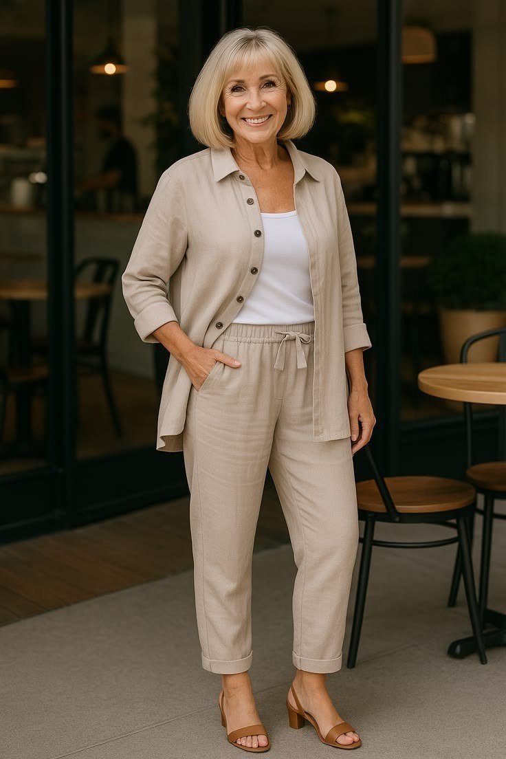 Woman over 50 wearing a beige overshirt with white top and beige cropped trousers