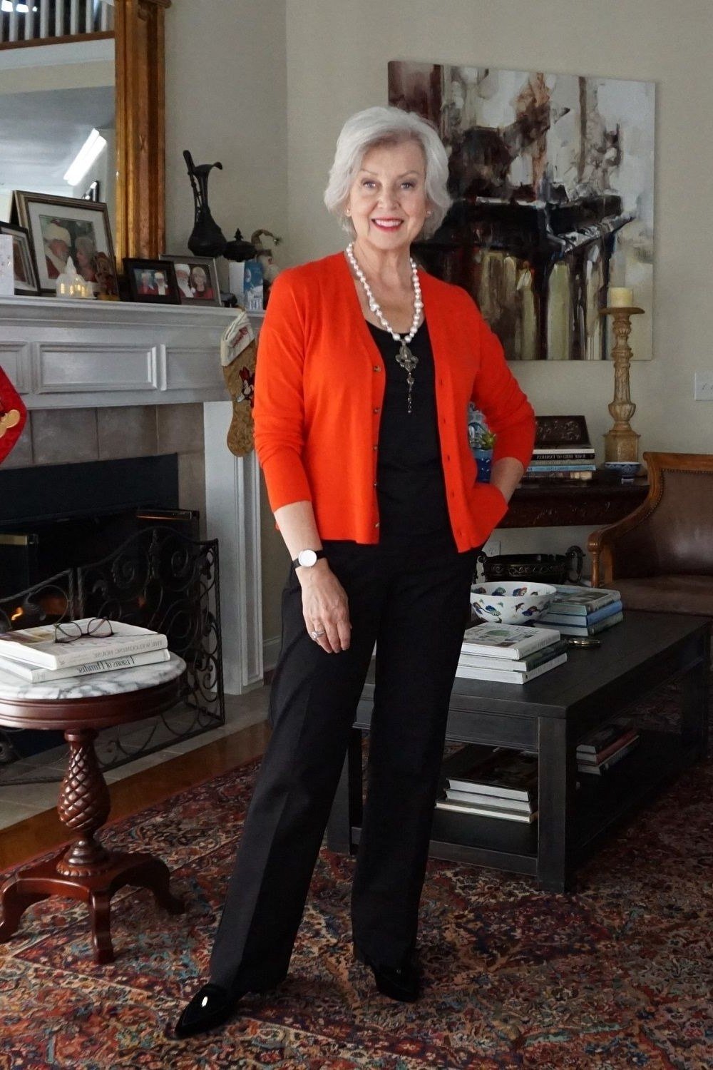 Thanksgiving outfit for women over 50: red blazer with black separates