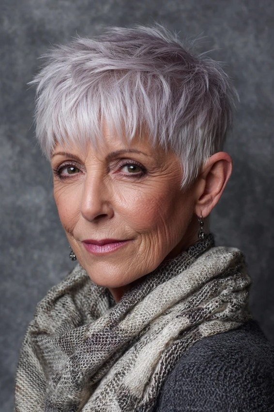 Senior woman with a silver pixie haircut featuring a subtle lavender tint.