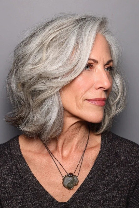 Side swept grey short shaggy bob for women over 60