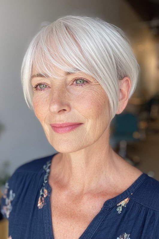 Older woman with a crisp white pixie haircut and smooth salon finish.