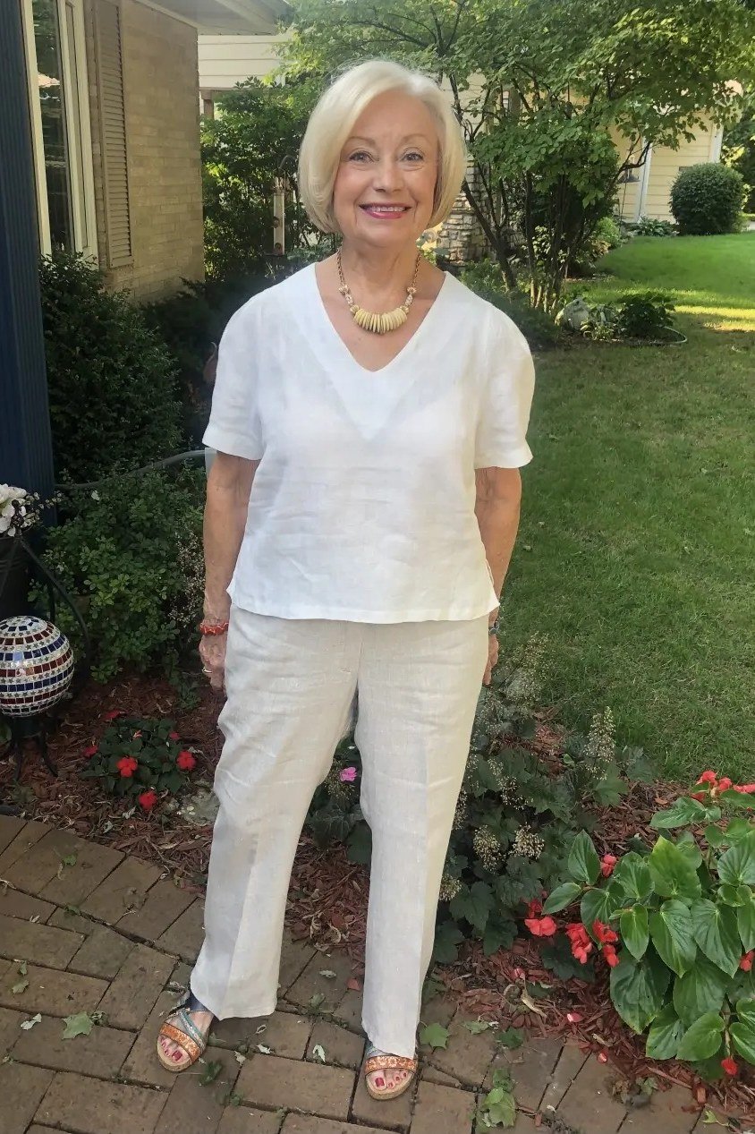 Woman over 50 wearing a white v-neck top with white trousers in a garden