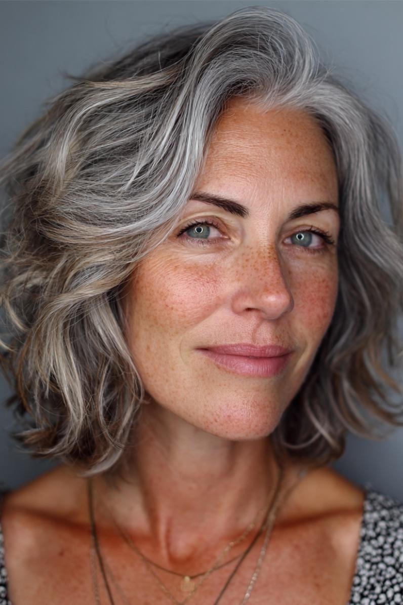Silver wavy lob hairstyle for women over 40