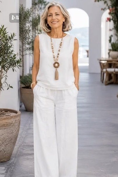Woman over 50 in a white sleeveless top with white wide-leg trousers and tassel pendant