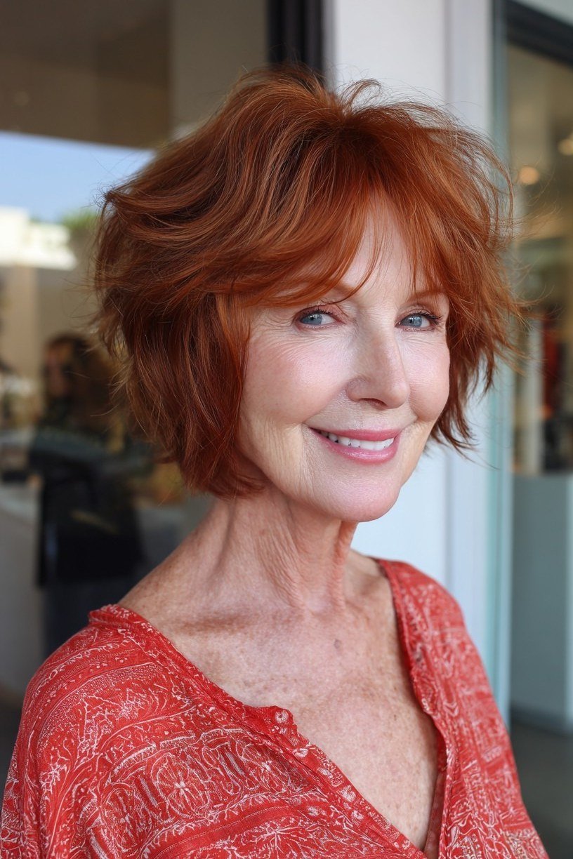 Copper auburn short shaggy bob hairstyle for older women