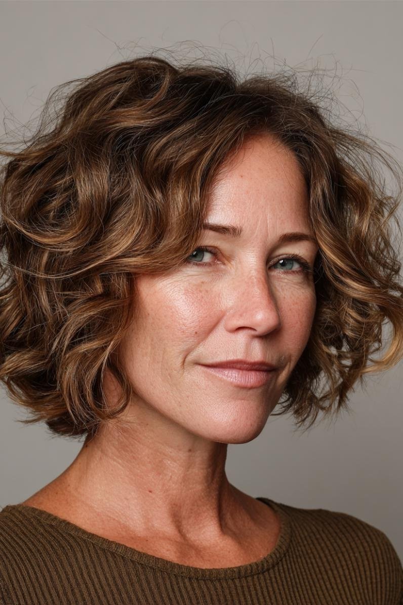 Curly brown bob haircut for women over 40