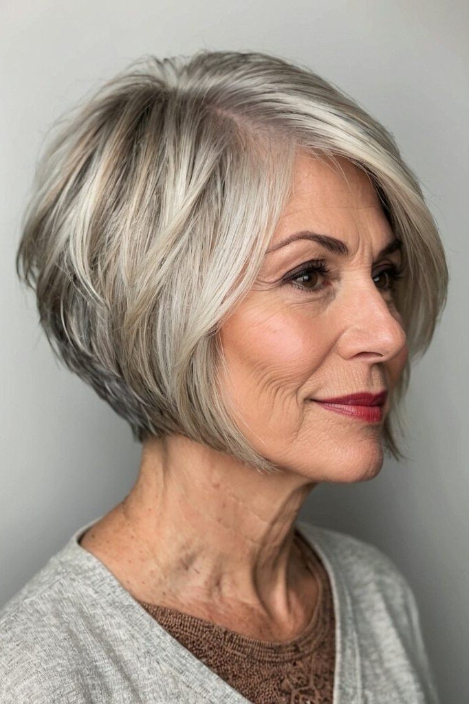 Grey shaggy bob with bangs for glasses wearers over 60