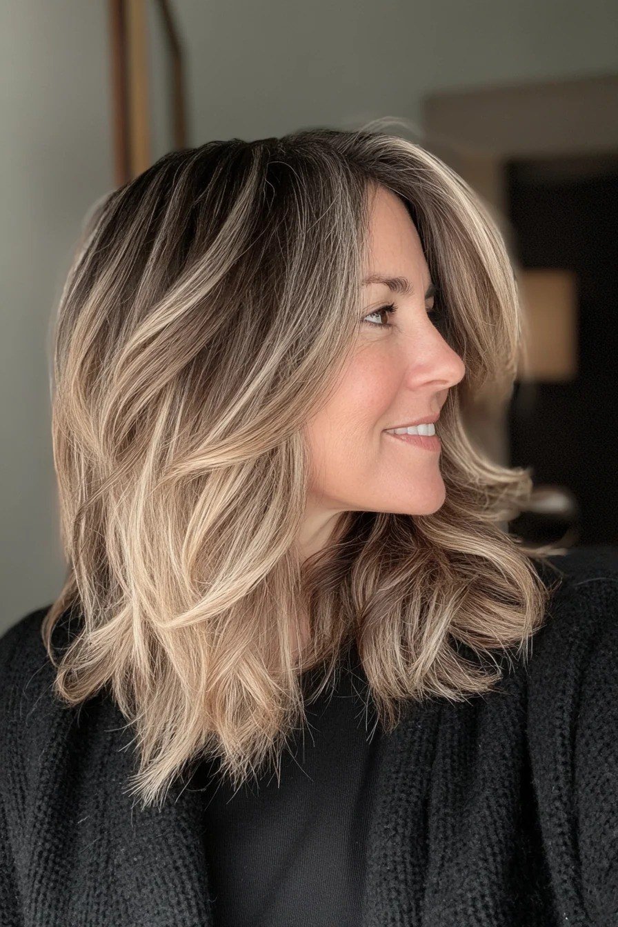 Dark root blonde lob haircut for women over 40, side view