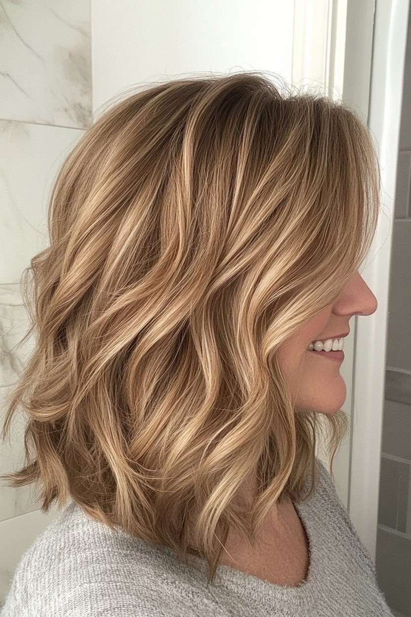 Honey blonde wavy lob for women over 40, side view