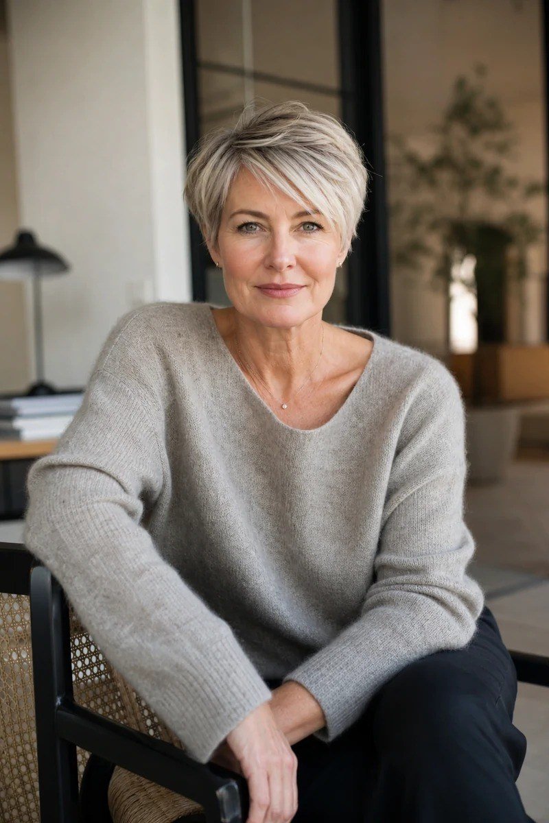 Older woman seated with a soft gray pixie haircut and natural texture.