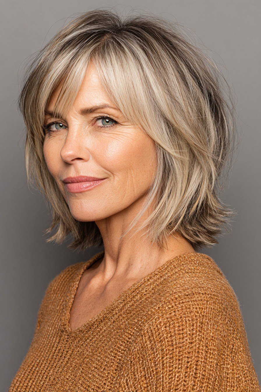 Blonde shaggy lob with bangs for women over 40