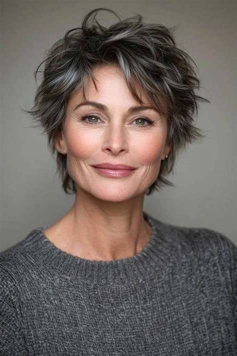 Dark brown short shaggy bob for women over 60