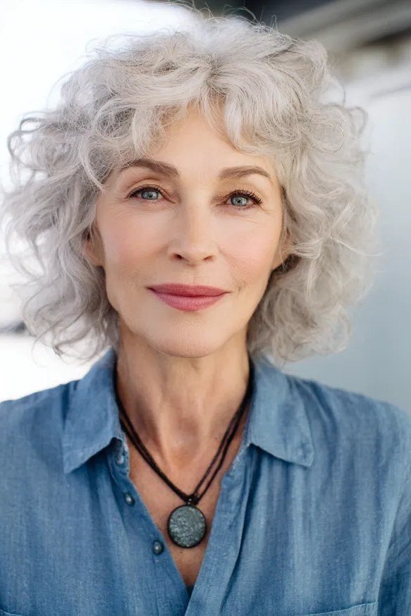 white curly bob with wispy fringe for women over 60
