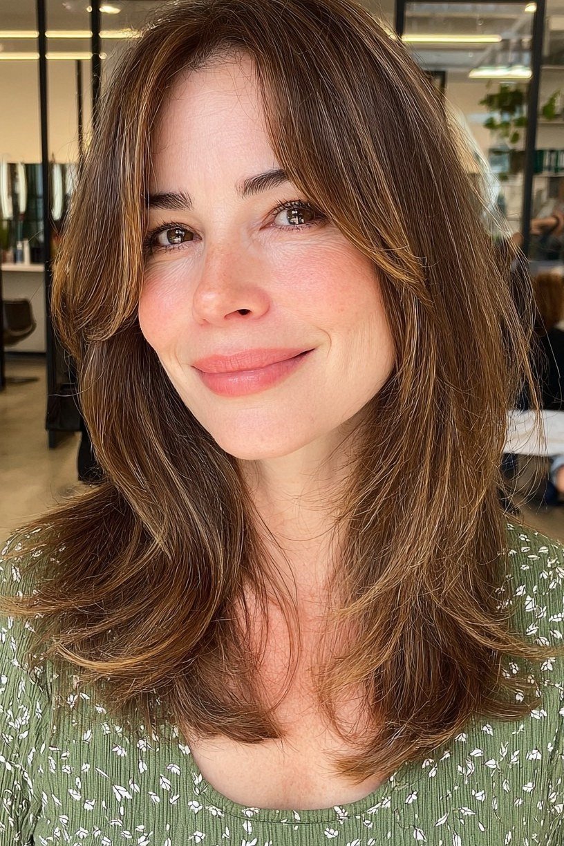 Chestnut brown layered hairstyle for women over 40
