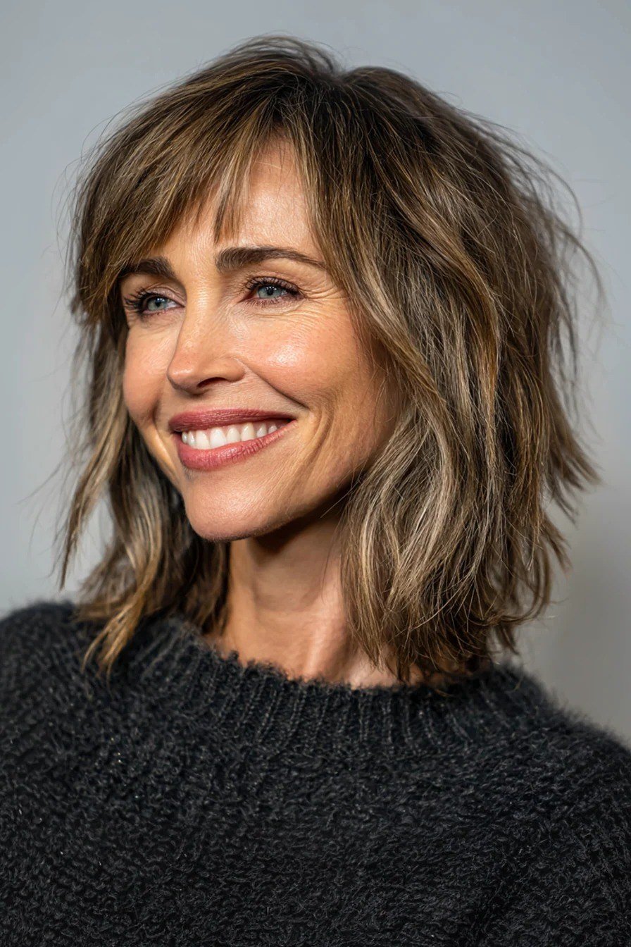 Shaggy brown lob with bangs for women over 40