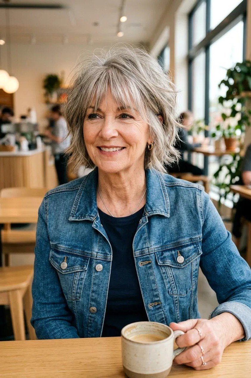 Modern grey short shaggy bob haircut for women over 60
