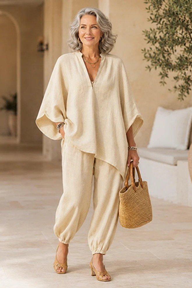 Woman over 50 wearing a cream poncho top with cream balloon trousers and raffia tote