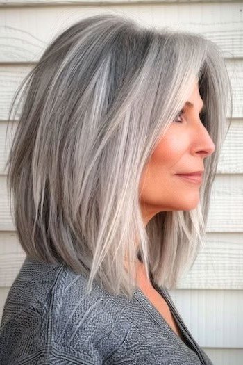 Silver Shoulder Waves in a Blue Sweater for women over 50