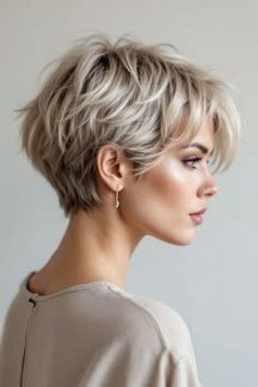 Side profile of an older woman with a blonde layered bixie haircut.
