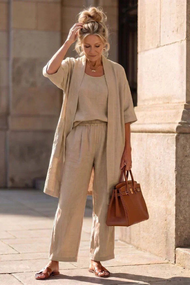 Woman over 50 wearing a beige knit top and trousers with a long beige cardigan