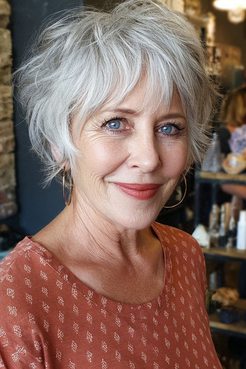 Glowing white short shaggy bob hairstyle for senior women