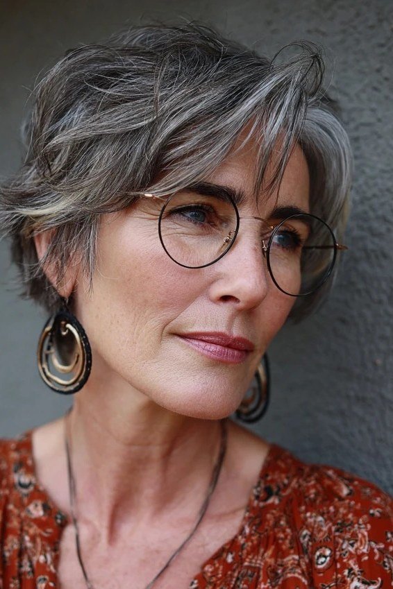Older woman with glasses wearing a textured gray bixie haircut with choppy layers.