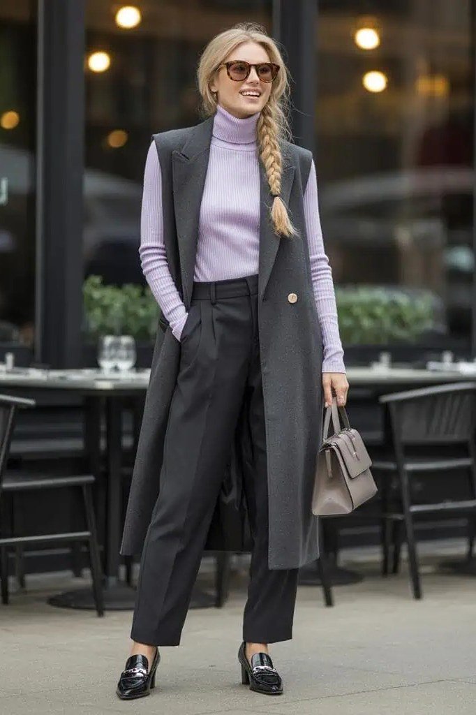 Thanksgiving outfit for women over 50: lavender turtleneck with grey vest