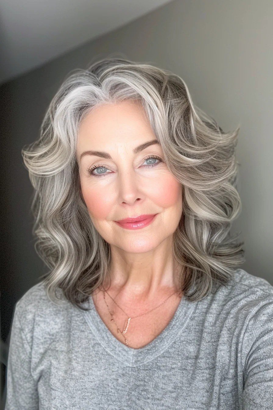 Silver gray curly lob for women over 40