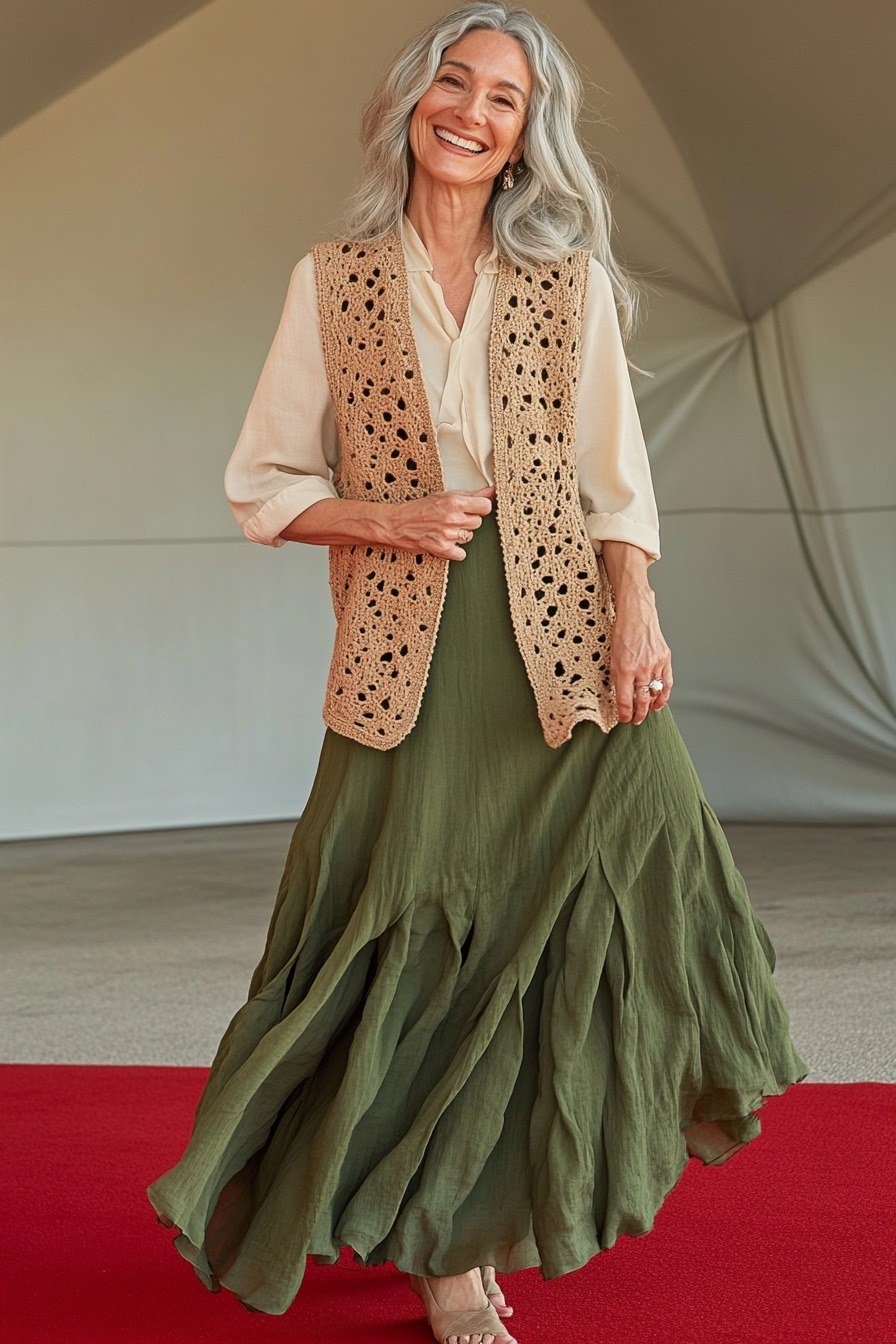 Woman over 50 wearing a crochet vest with cream blouse and olive maxi skirt