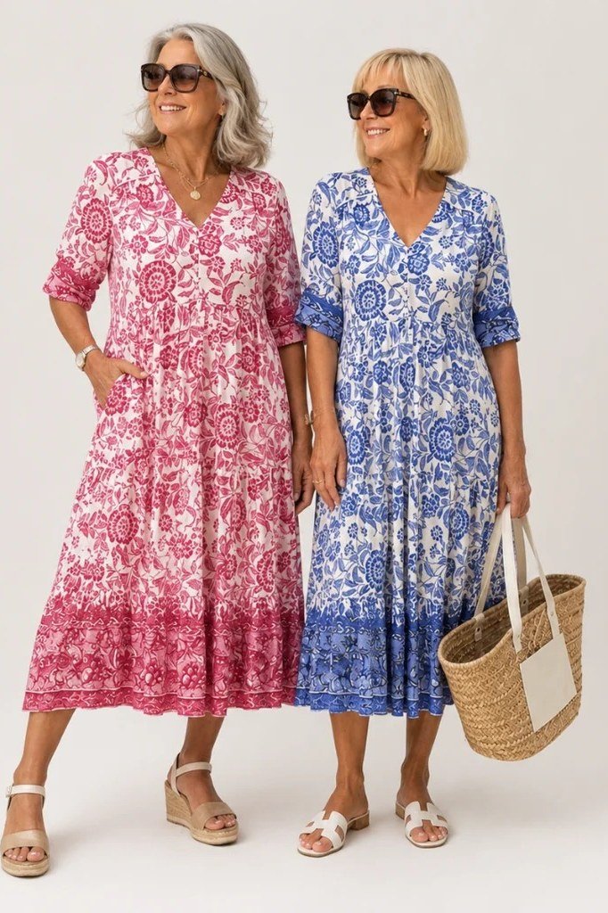 Blue and pink floral midi dresses