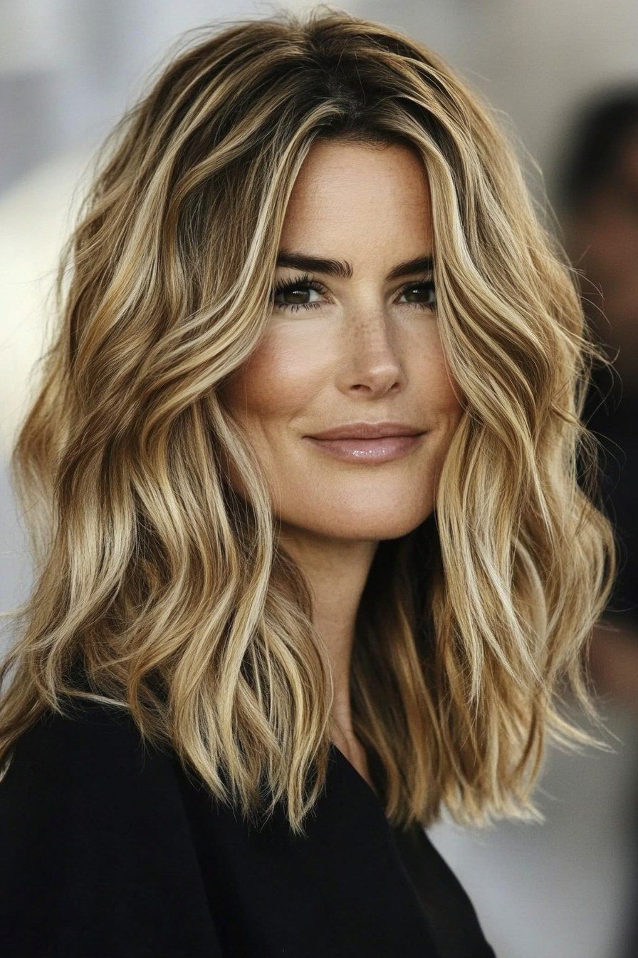 Blonde balayage wavy hairstyle for women over 40