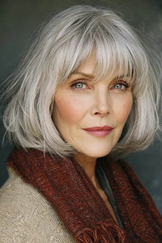 Grey short shaggy bob with wispy bangs for women over 60