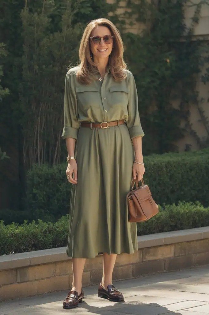 Woman over 50 in an olive belted shirtdress with brown leather handbag