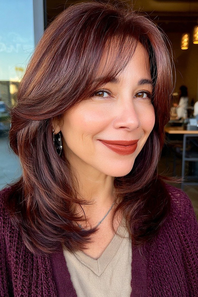 Burgundy layered hairstyle for women over 40