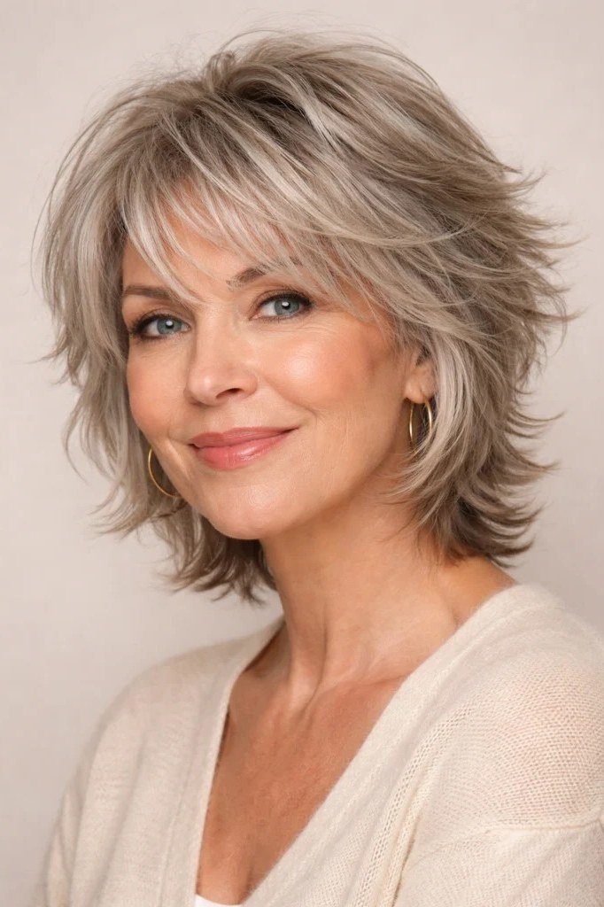 Older woman with a blonde shaggy bixie haircut, soft layers and gentle fringe.