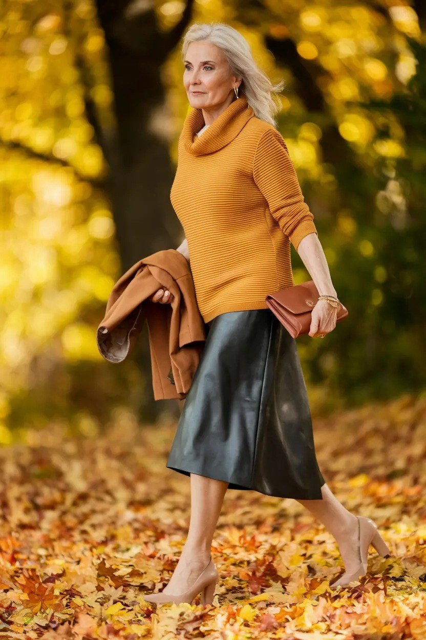 Thanksgiving outfit for women over 50: mustard sweater with leather midi skirt