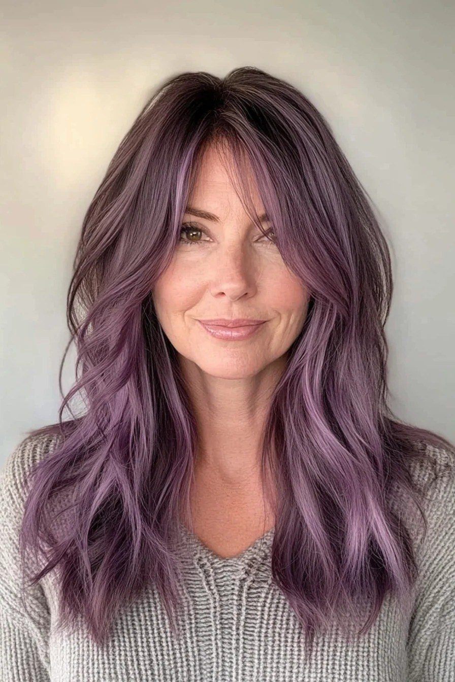 Purple wavy hairstyle for women over 40